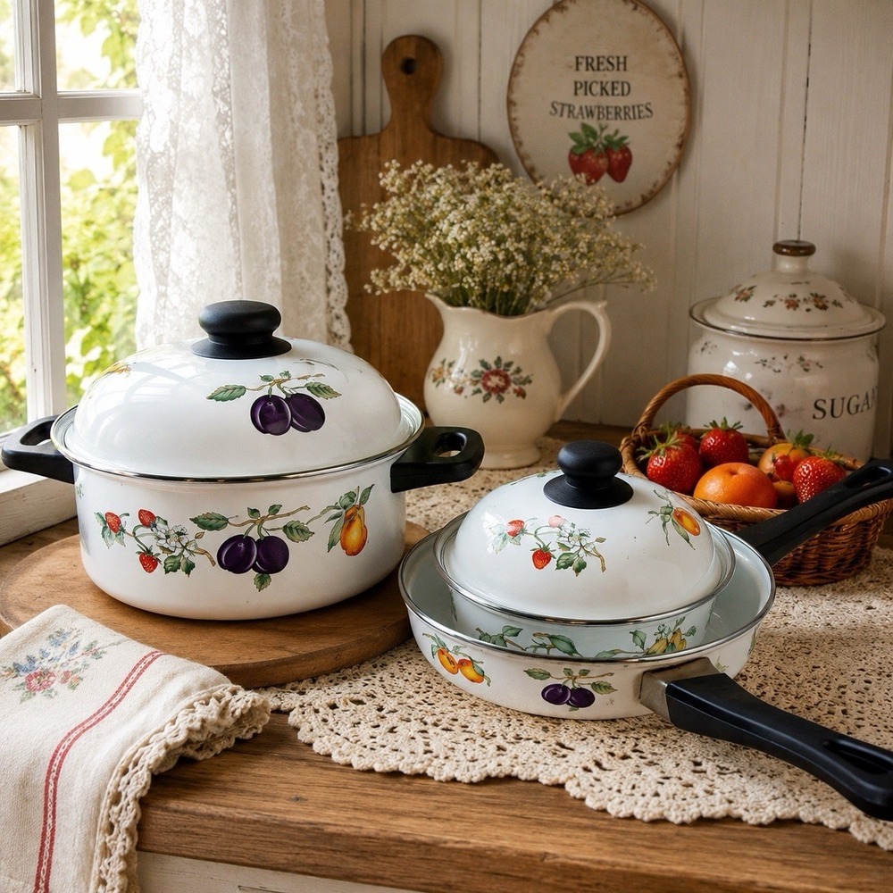 Vintage Tabletops Unlimited Dulcie Enamelware Cookware Set Fruit Motif 3 Pc